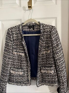 Stella & Lorenzo Navy & White Tweed jacket. With pearl and rhinestone accents.